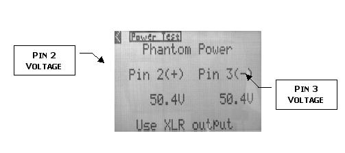 Power Tests PIN 2 VOLTAGE PIN 3 VOLTAGE Description These functions analyze phantom power and display the Audio Toolbox internal battery voltage and remaining battery life.