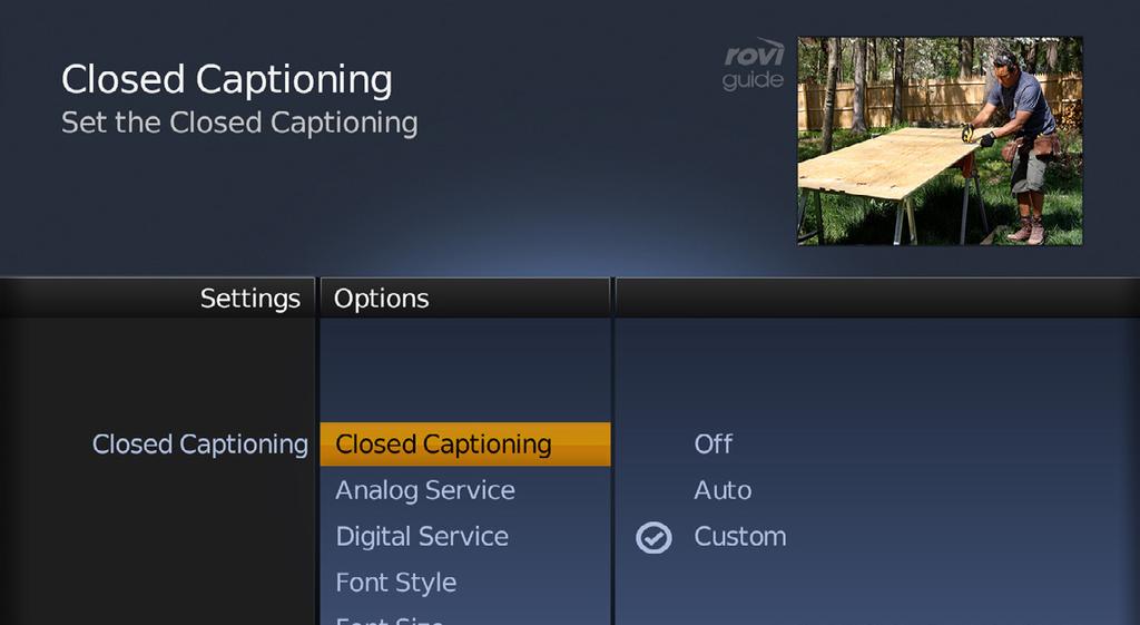 General Setup - Closed Captioning (available for HD DTAs only) Closed Captioning HD DTAs also provide extensive Closed Captioning (CC) options, including selecting a font color and style, background