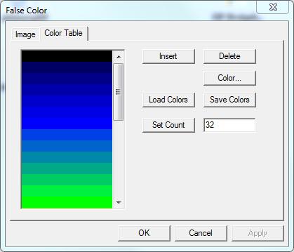 Figure 66: False Color View, Properties, Color Table The False Color View can be re-scaled according to specified minimum and maximum values from the Histogram view either by clicking the Use Cursors