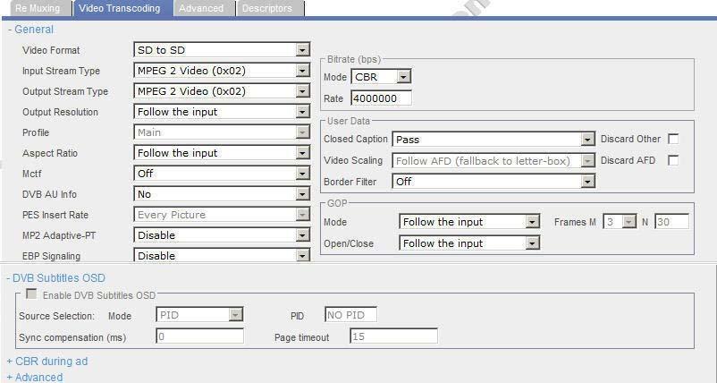 Chapter 6 Broadcast Transcoding Video Transcoding Procedure 6.3.3.1 To configure CBR During Ad 1. In the Transcoding tab, click CBR During Ad. 2. To enable, click CBR During Ad.