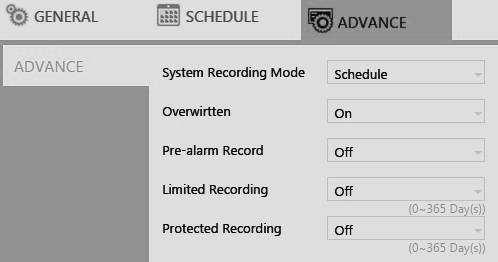 Click Apply All to apply your selection of recording type to all dates and time. ADVANCE System Recording Mode: Choose between Manual or Scheduled recording.