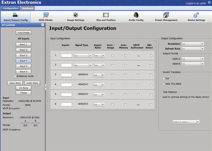 troubleshooting with a user-friendly interface. Users can view details about the current input and output, such as signal format, resolution, and HDCP status.