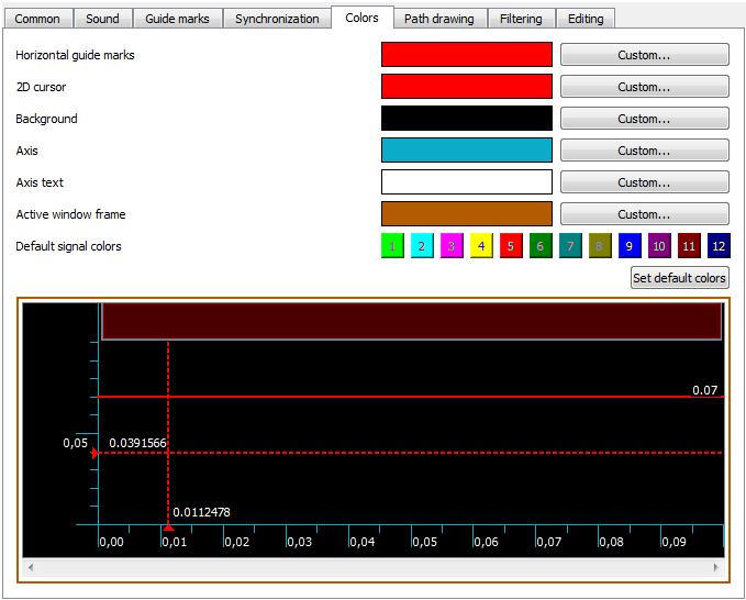 APPLICATION CONFIGURATION 30 SISII Sound Editor 6.3.6 The Colors Tab There is color adjustment of each element of the data windows to optimize their representation.