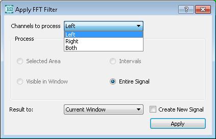 SIGNAL PROCESSING 91 SISII Sound Editor Figure 89: Apply FFT Filter dialog. 7) If it is necessary, repeat the paragraphs 4 6 for the other signals. 11.13 