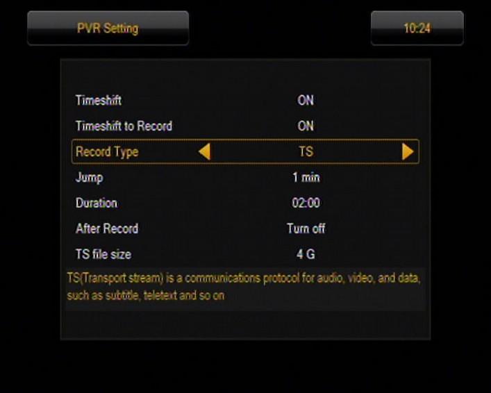 15.2 DVR configuration In this menu you can adapt preferences concerning recording to an external USB memory device. In the first option you decide whether you want to use the time shift option.