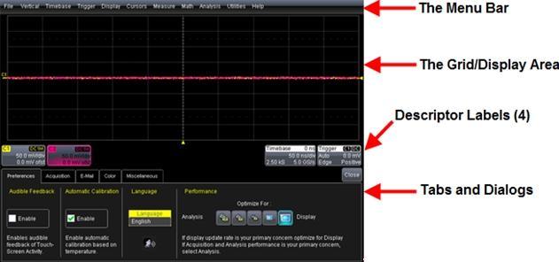 WaveMaster 8 Zi/Zi-A Oscilloscopes Display Screen Layout, Groupings, and Controls The instrument's screen is divided into the following main sections: Note: Many front panel controls directly
