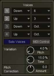 The Harmony module offers up to four vocal accompaniments, known as voices. Each voice may be in unison or shifted up/down intervals as large as an octave.