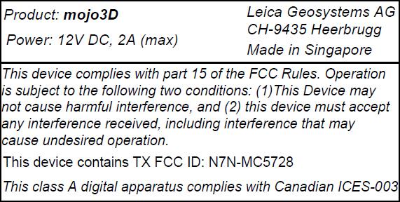 Label on Leica mojo3d CDMA units, type 777536 The label shown