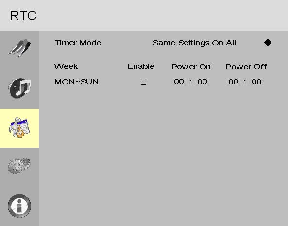 Basic Menu/RTC (Real Time Clock) Menu RTC Timer Mode - All Days Timer Mode All Days mode Select all days of the week power on/off timer.