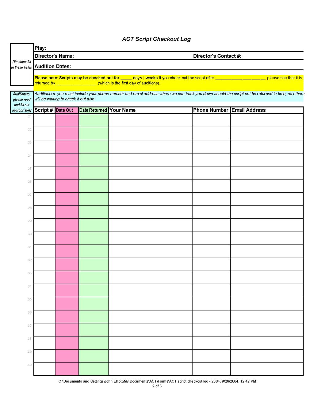 Script Checkout Log This form (next page) is
