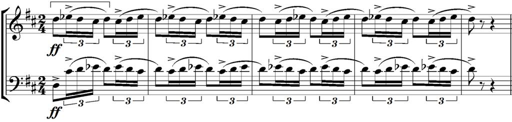 The most marked features of the beginning of this movement are its use of a syncopated rhythm and its vivid orchestral colour.