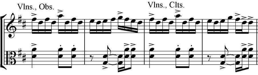 After two further playings of this accompaniment figure, albeit with minor differences each time, the main tune is heard, at Figure 5, played clarinets, violins and violas, with the triplet figure in