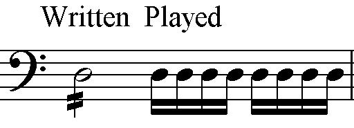 Notice the use of the cymbals in the first and fifth bars on the second quaver to coincide with the semiquaver triplet and played with a hard stick to give a clear percussive sound: These four bars
