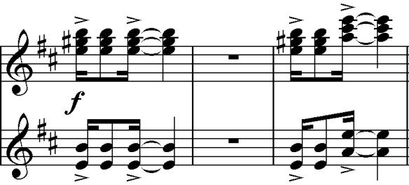 Figure 15 A new pattern emerges which combines two musical ideas already heard: The first is the syncopated accompaniment pattern, though complete chords are now played, initially of E major, to