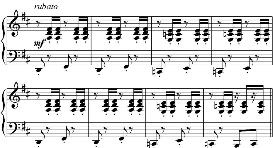 An accented section of four bars follows with syncopated rhythms very much to the fore.