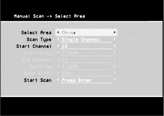 Tip pretrage (Scan Type): Pritiskom na tipke odaberite tip pretrage: Single channel-jedan kanal ili Multi channel-više kanala 6. Početak i Kraj pretrage (Start & End Channel/Freq.