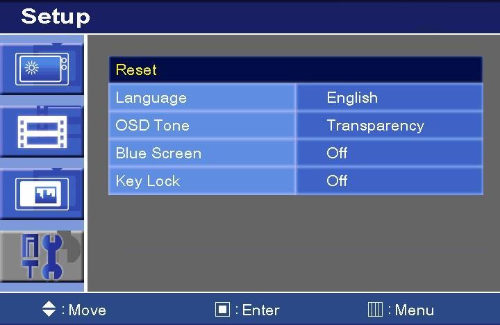 C. Setup Option Function Value Reset Resets the monitor settings to their factory default. Language Sets the language of the OSD menu.