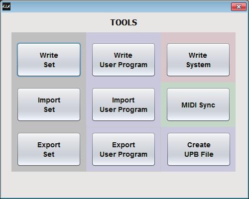 TOOLS The TOOLS screen lets you save, export, and import sets or user programs.