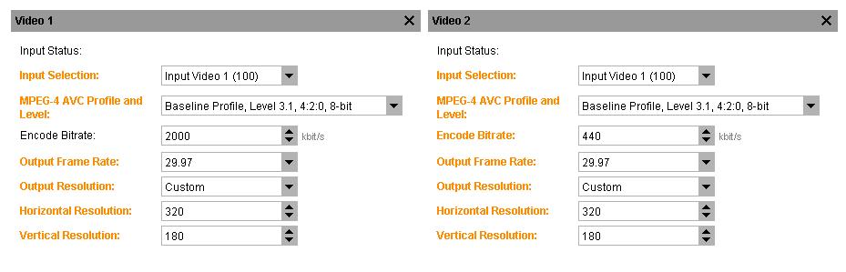 Web GUI Control 5.3.2.12.3 Video Panels Eight Video components for transcoding/abr use are automatically created (and numbered) when a Multiscreen Workflow is created.