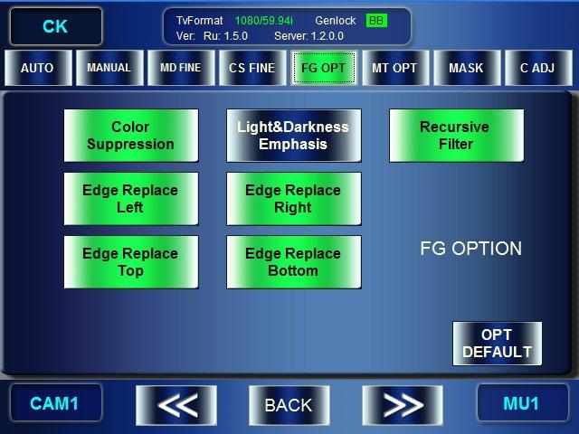 5-5-7. MATTE OPTION Menu The FG OPTION menu allows you to set optional choromakey effects on the background signals for mixing images.