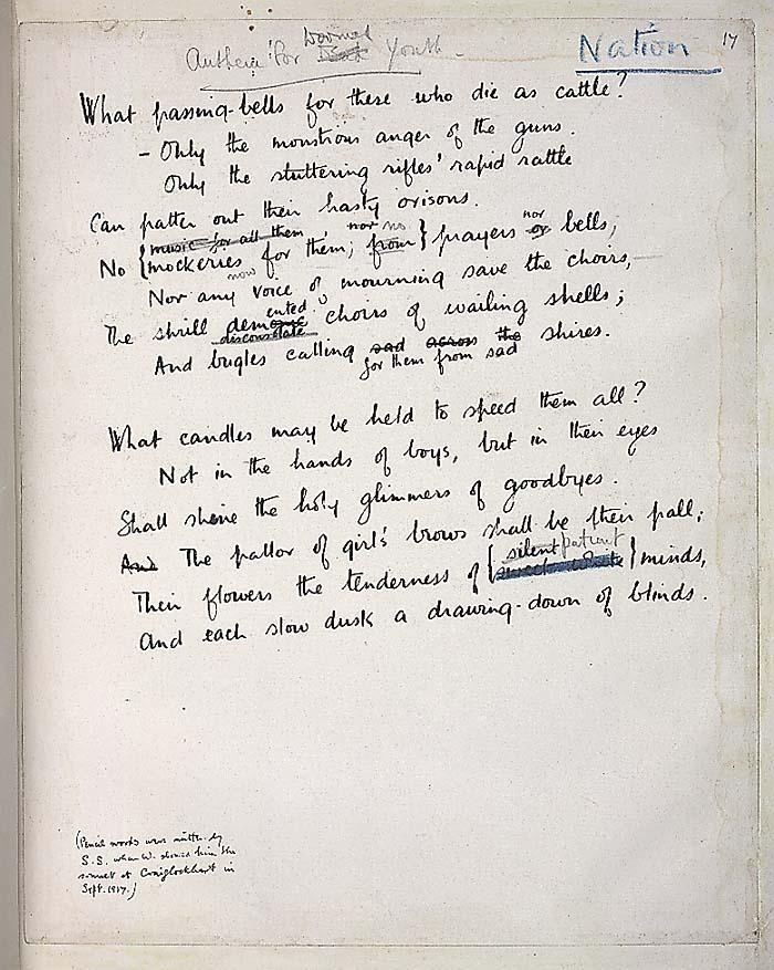 Anthem for doomed Youth in Wilfred s handwriting with revisions by Siegfried Sassoon. Essay/Discussion in two parts: 1.