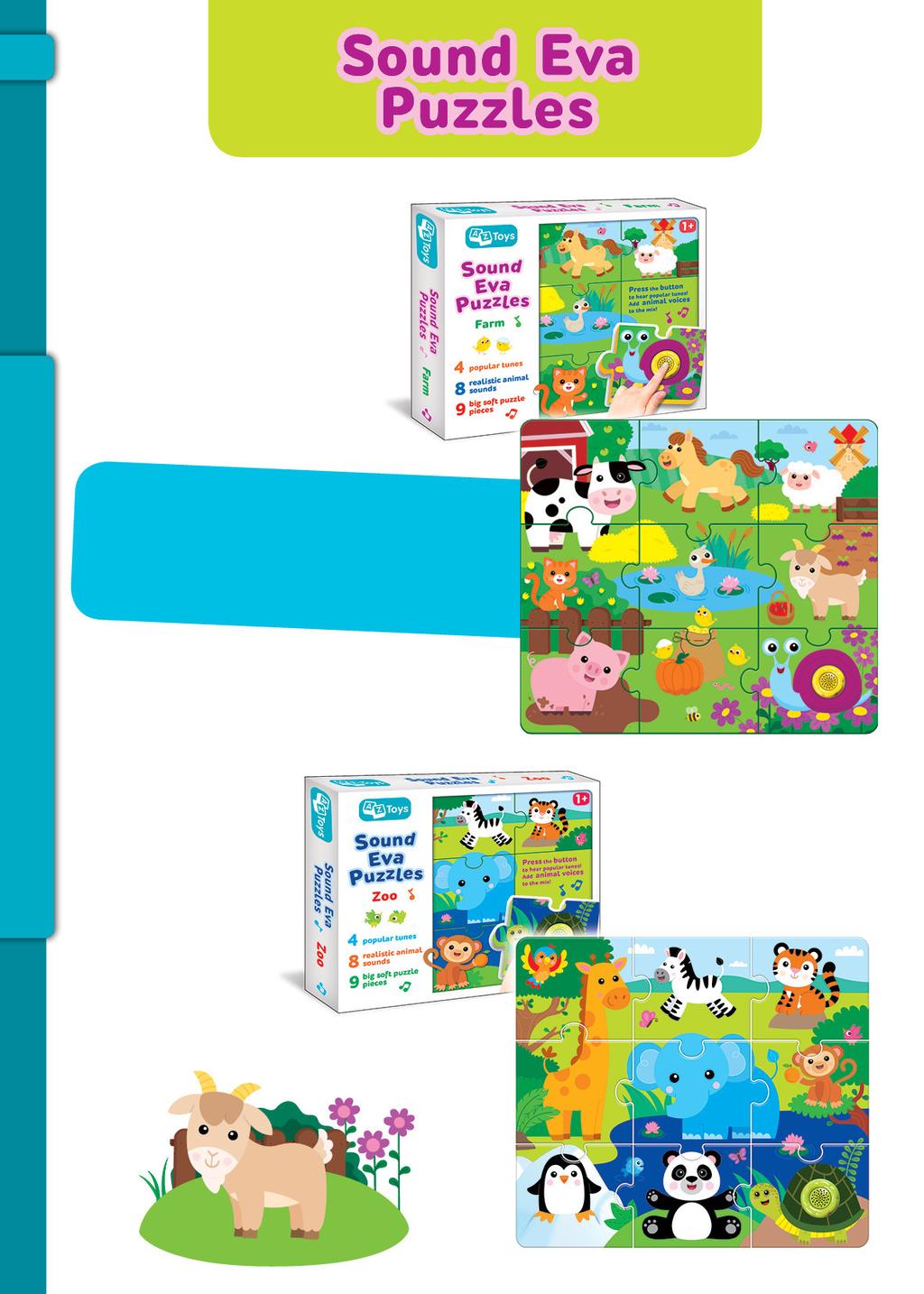 52 FARM REF. AZT-58-A-001 1 + 4 popular tunes 8 realistic animal sounds 9 big soft puzzle pieces INTERACTIVE PUZZLE SETS You ve never seen a toy like this before!