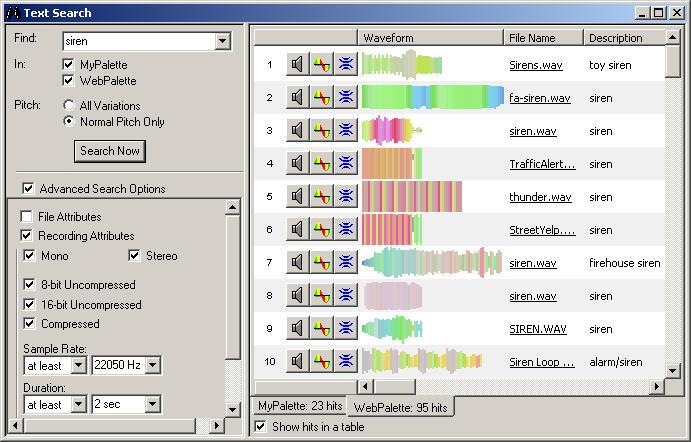 Existing Applications FindSounds Palette Uses Sound Matching Technology to search by sound prototype Also can search by name, description, category,