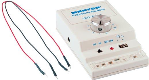 LED Tester for THT LEDs and SMD LEDs Technical Data Current range: 10 steps 1-100mA Polarity check: automatic Alternation of color: semi-automatic Battery: 9V= Mains connection: optional THT LEDs: 2