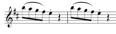 This developmental process is interesting in two aspects motivically and harmonically. It has been organized into two bar units, with a reliance on diminished harmonies.