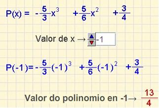 Expresión en coeficientes Un polinomio pódese definir mediante a expresión en coeficientes, que consiste en dar todos os seus coeficientes ordenados, empezando polo de grao maior e terminando polo de