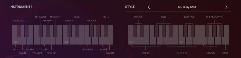 MIDI keyboard layout The MIDI keyboard layout for Virtual Drummer PHAT The MIDI keyboard either gives you extensive real-time control over the drummers performance and lets you play the individual