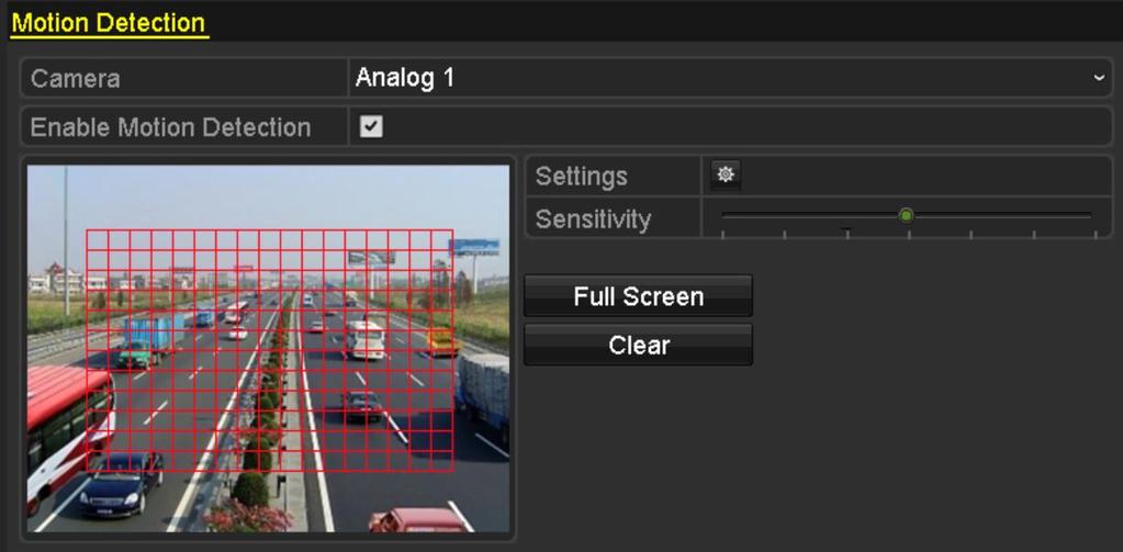 Use the mouse to draw detection area(s) or click Full Screen to set the detection area to be the full screen and drag the sensitivity bar to set sensitivity. Click to set alarm response actions.