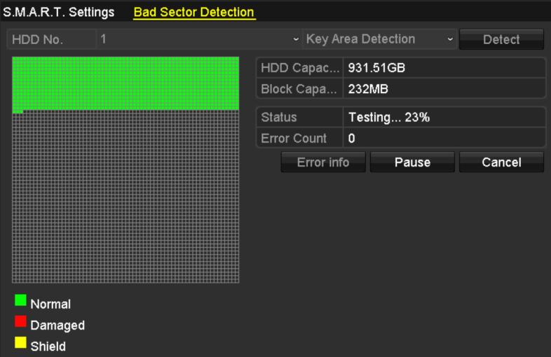 13.8 Detecting Bad Sector Purpose: You can detect the bad sector of the HDD to check the status of the HDD. 1. Enter the HDD Detect interface. Menu>HDD>HDD Detect 2.