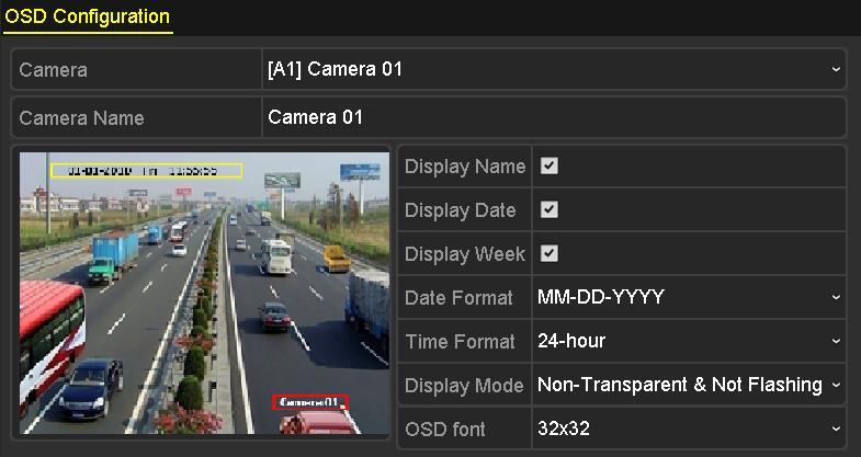 14.1 Configuring OSD Settings Purpose: You can configure the OSD (On-screen Display) settings for the camera, including date/time, camera name, etc. 1. Enter the OSD Configuration interface.