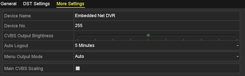 Configure the following settings: Device Name: Edit the name of DVR. Device No.: Edit the serial number of DVR. The Device No. can be set in the range of 1~255, and the default No. is 255.