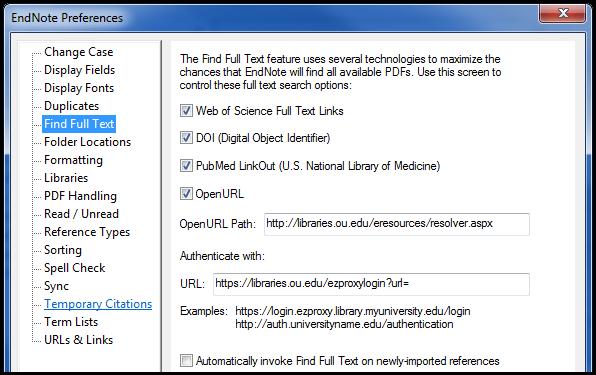 Finding Full Text Connect to the OU Libraries to search for full-text PDFs of references in your EndNote library.