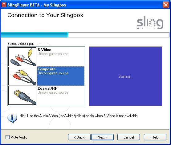 SlingPlayer Application Setup Connection Type It s important to indicate how you connected your television or other A/V source to Slingbox. The S-Video connection provides the best video quality.