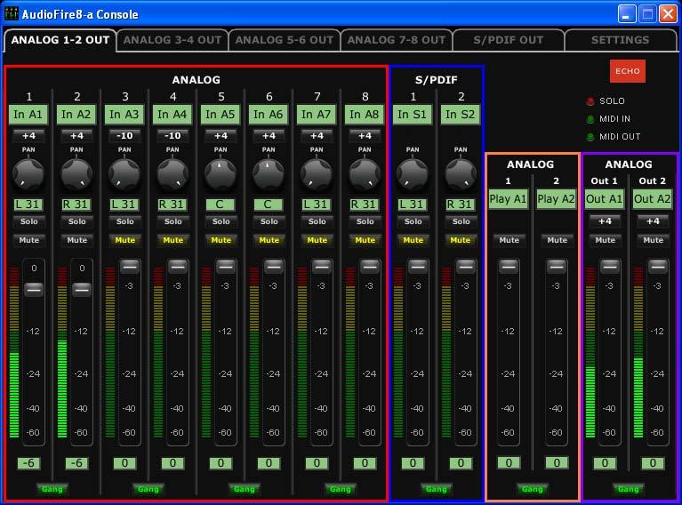 Console Software The AudioFire8 Console Window: Analog Out 1-2 Tab selected. Bus Select Tabs The output bus is selected by clicking on one of the tabs at the top of the console window.
