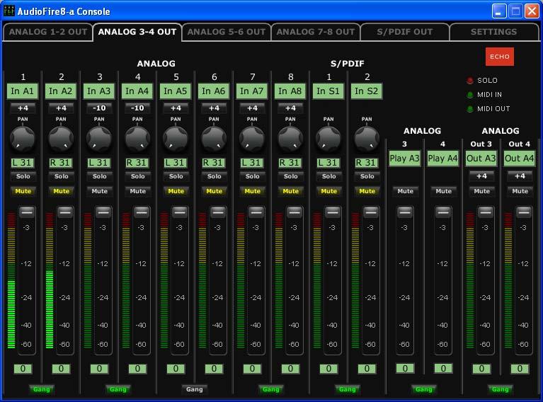 Console Software The AudioFire8 Console Window: Analog Out 3-4 Tab selected.