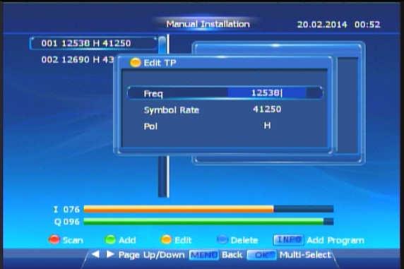 Multiple-TP Selection and Edition: STB provides you search TP(s) as well: Firstly, press (yellow) TP button to switch TP list of the satellite you focus.
