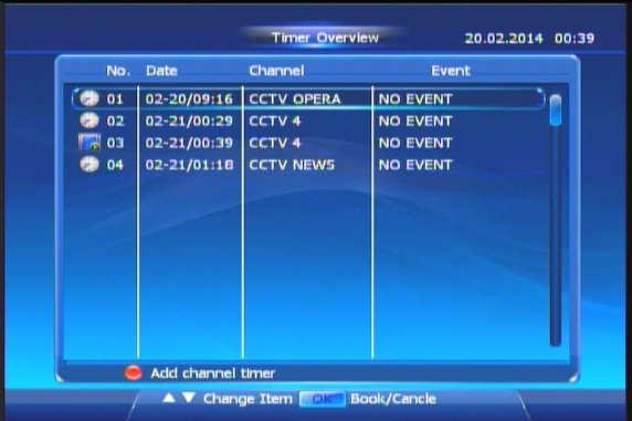 7. Timer Overview After you enter Single EPG Interface, you can press OK button to cancel or rebook an event.