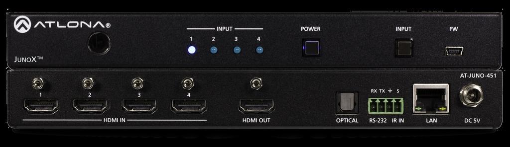 Introduction The Atlona JunoX 451 () is a 4x1 HDMI switcher for high dynamic range (HDR) formats. It is HDCP 2.