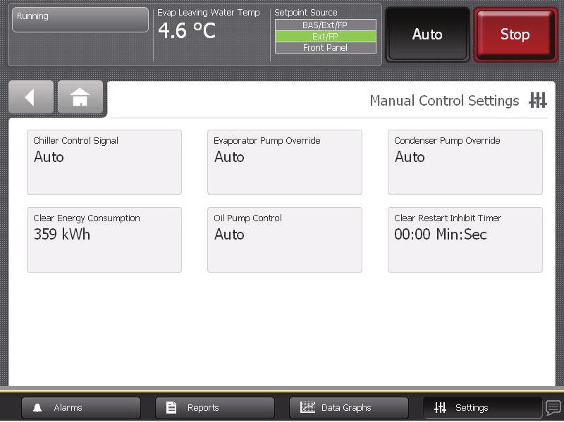 Equipment Settings To change a manual control setting, follow this procedure: 1. In the Equipment Settings column on the Settings screen, touch Manual Control Settings.