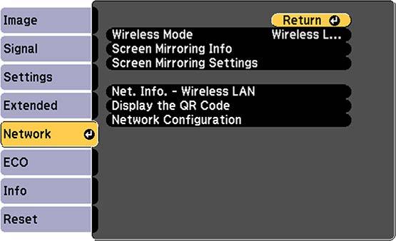 Projector Network Settings - Network Menu Settings on the Network menu let you view network information and set up the projector for monitoring and control over a network.