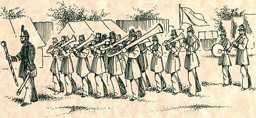 Figure 6 Drawing depicting over-the-shoulder saxhorns on parade 39 In the camp, bands would play patriotic music, popular songs, and songs of home to provide entertainment for the soldiers and