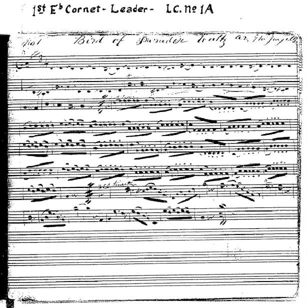 Figure 8 Manuscript from Port Royal Band Books 1st Eb Cornet, Page 1 48 The example in Figure 8 is the first page of the 1st Eb cornet part from the Port Royal books.