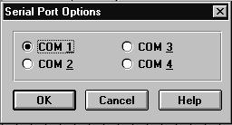 Click on the COM port option of the drop-down menu. 4. In the Serial Port Options window, select an available COM port on the computer. 5. Click on the OK button.