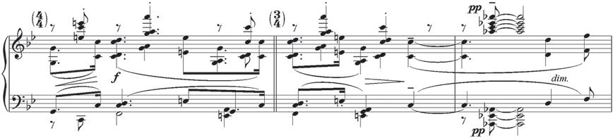 Michael Oravitz Example 4. Compressed bass-line/harmonic shifts in mm. 16 18. ( 3 / 2 / 1.5 ) time-signature notation here fosters in the performer a distraction from metric hearing.