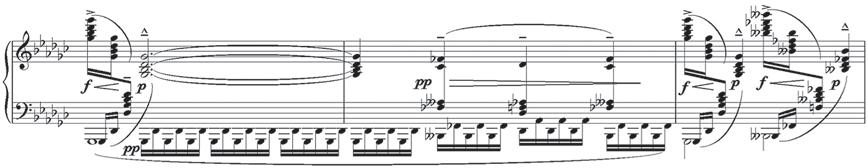 19 20 (see score) is a step higher over the pedal B double-flat, lending this passage a migratory quality. No such melodic sequence is heard in the opening fourteen measures.
