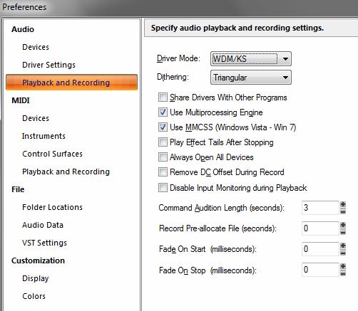2 In the Audio preferences section, choose Playback and Recording. 3 Choose WDM/KS as the Driver Mode, as shown below.